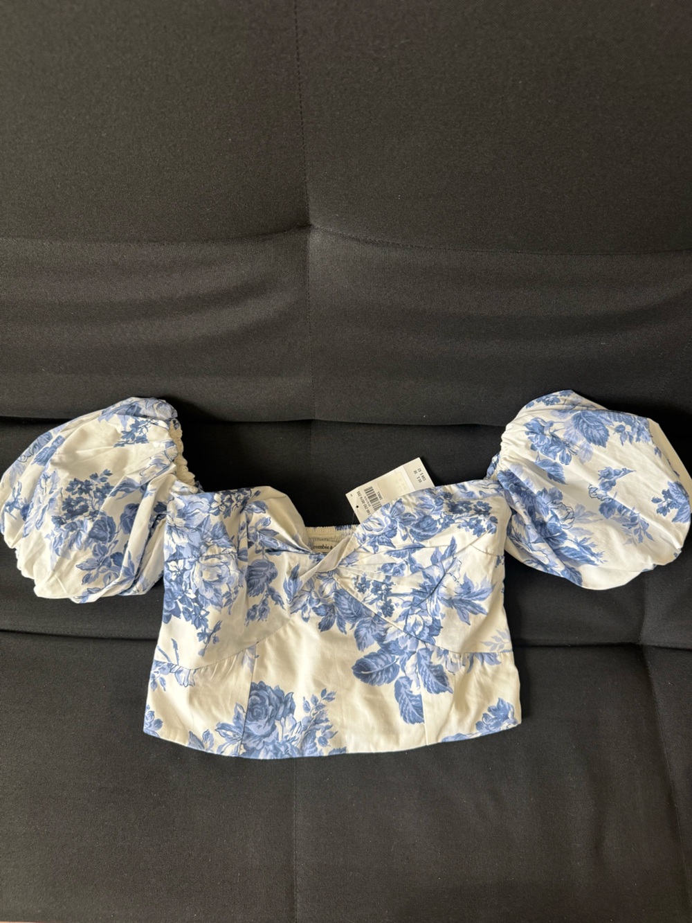 Abercrombie & Fitch White and Blue Puff-Sleeve Top